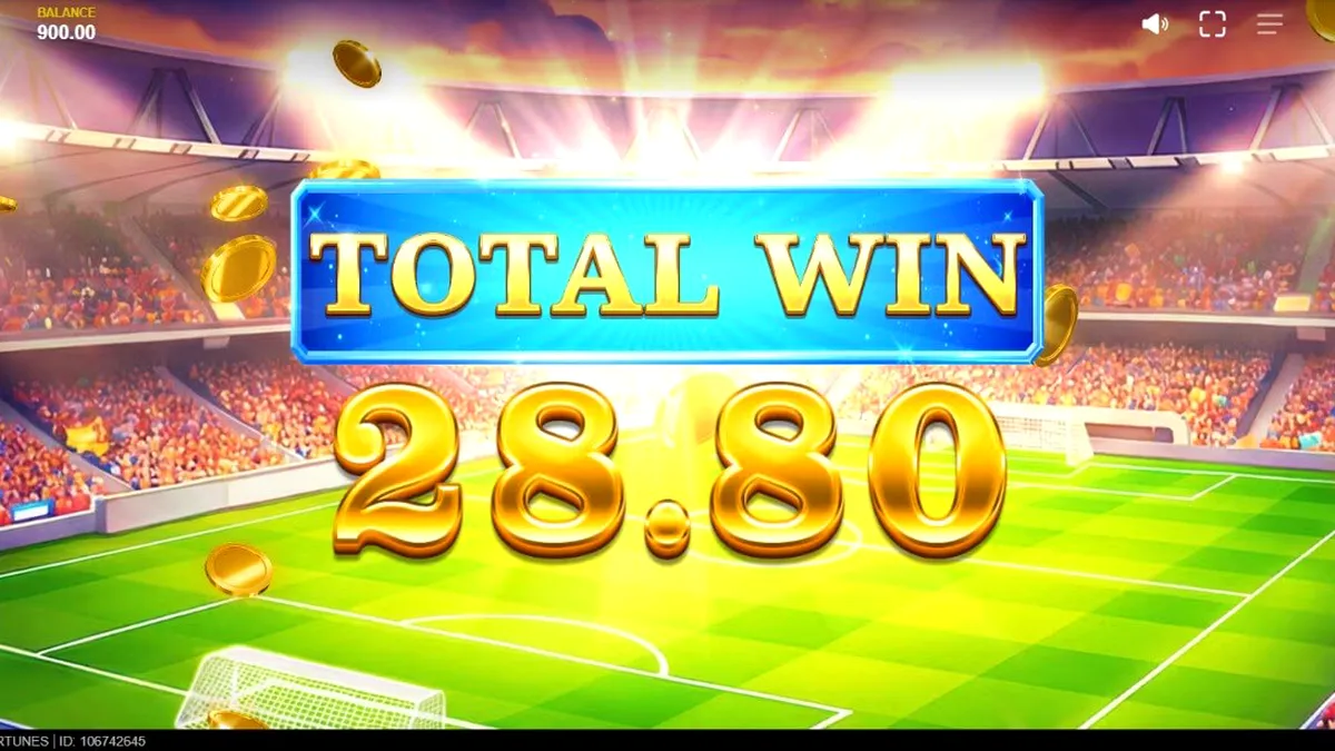 Tampilan antarmuka permainan slot World Football Fortunes dengan latar belakang stadion sepak bola.
