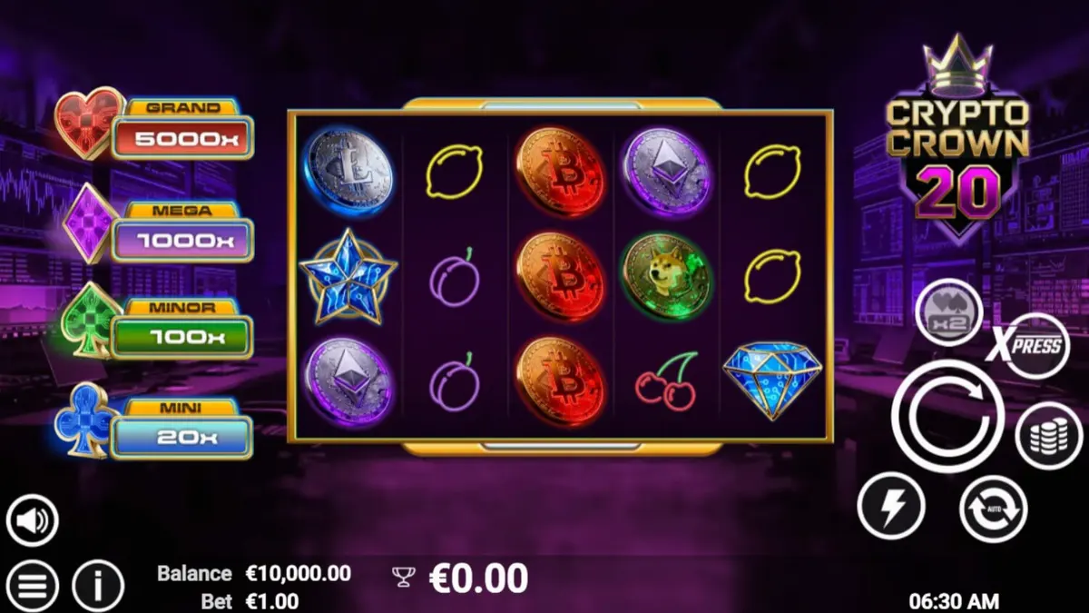 Tampilan layar permainan slot Crypto Crown 20 dengan simbol kripto dan buah neon