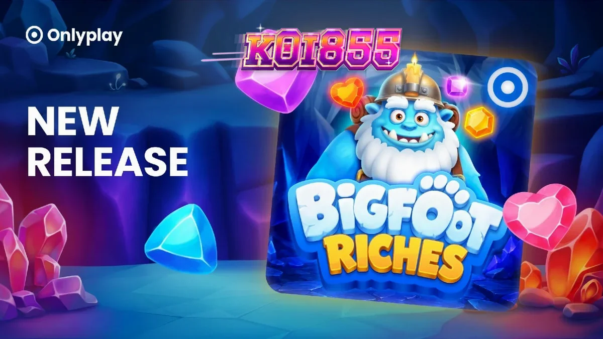 Pemandangan hutan musim dingin dalam slot Bigfoot Riches dengan elemen kristal dan jejak kaki
